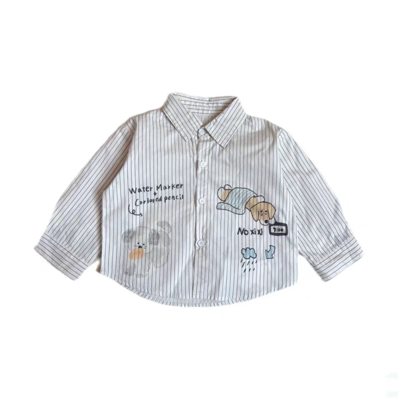 Children's long-sleeved shirt 2025 new spring cartoon lapel top for boys and girls, small children's vertical striped shirt Item Picture