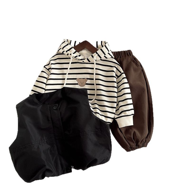 2025 New style Boys' and babies' striped coat, children's wear, Korean casual hoodie, hoodie, spring and autumn three-piece set Item Picture