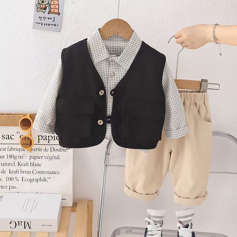 Boys' Autumn three-piece set, Children's spring and autumn set 2024, new Korean style, stylish baby and little boy's cool vest full figure
