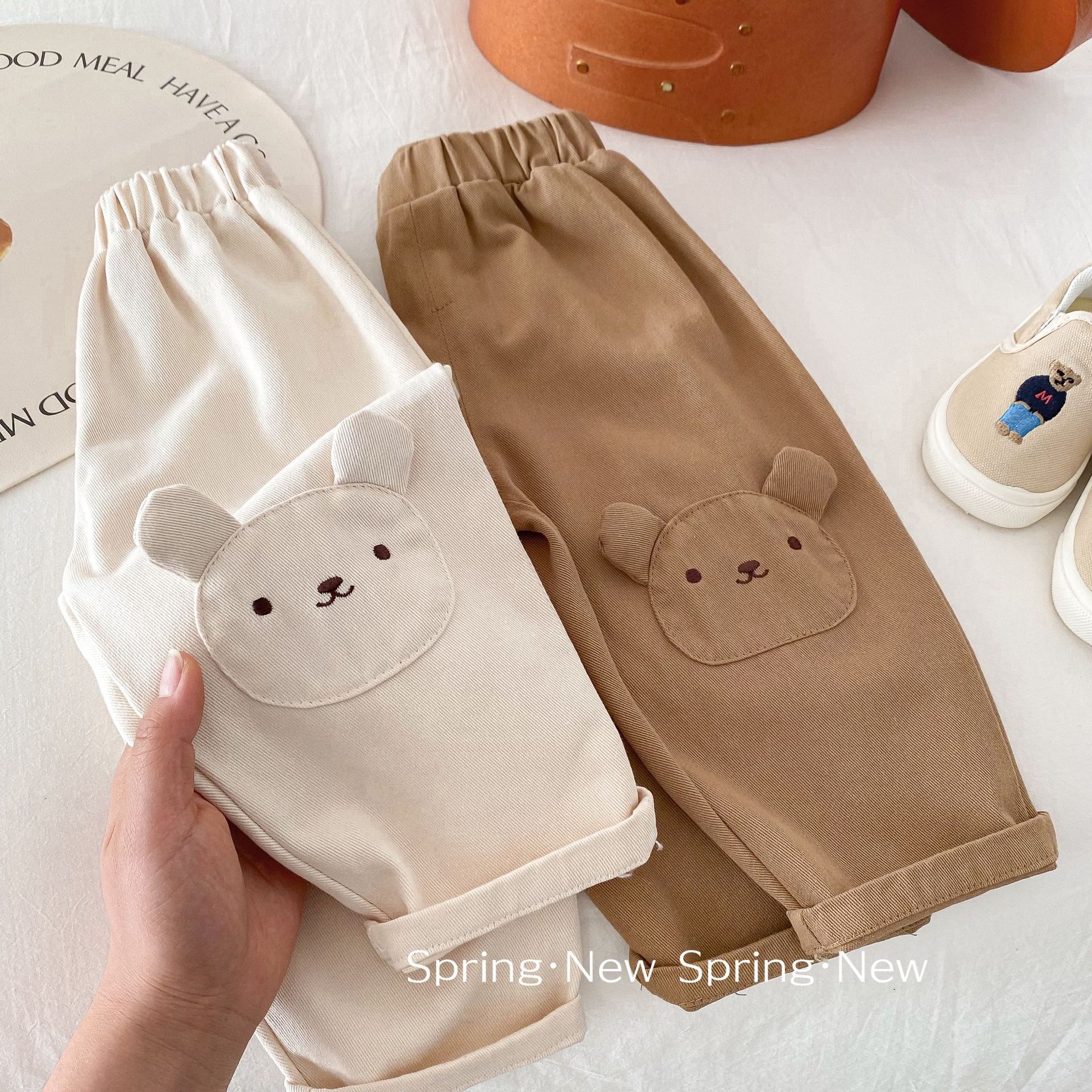 Customized bear casual pants for children aged 0-5 spring: Three-dimensional and cute long pants for boys and super cute solid color pants for girls AK162 details Picture