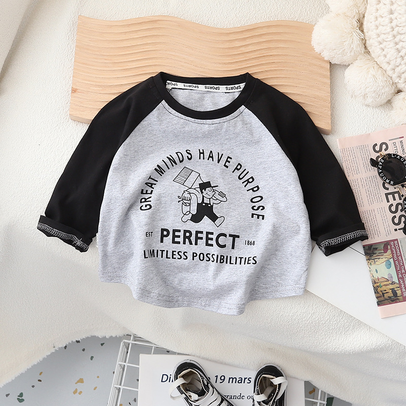Super soft and glutinous ~ Pure cotton thin shoulder long-sleeved T-shirt for boys, new spring and autumn style baby cartoon top base layer fashion full figure