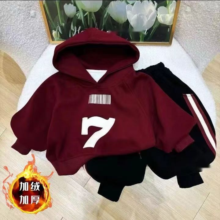 New children's autumn and winter set for girls, boys and babies, new Korean-style fleece thickened printed hooded sweatshirt top full figure