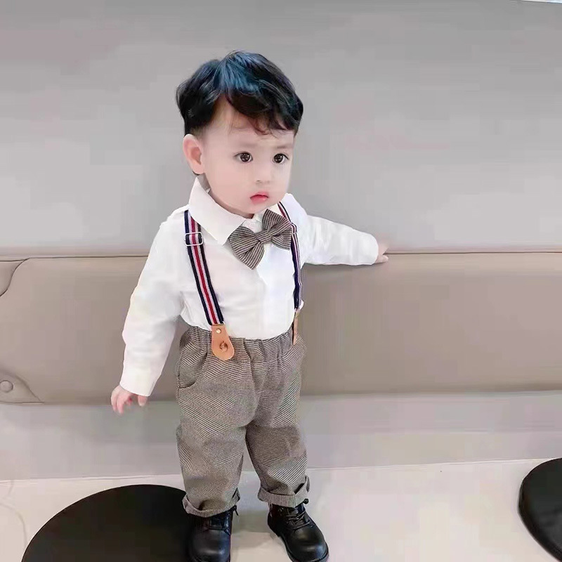 Wholesale of two pieces of children's bow tie long-sleeved single-breasted cotton shirts and overalls for boys and babies details Picture
