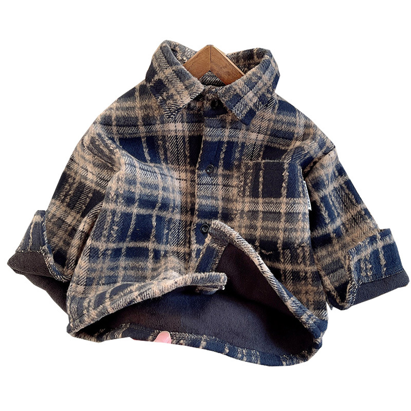 New autumn and winter children's American retro brushed plaid shirts with fleece pockets and fleece jackets for boys and girls Item Picture