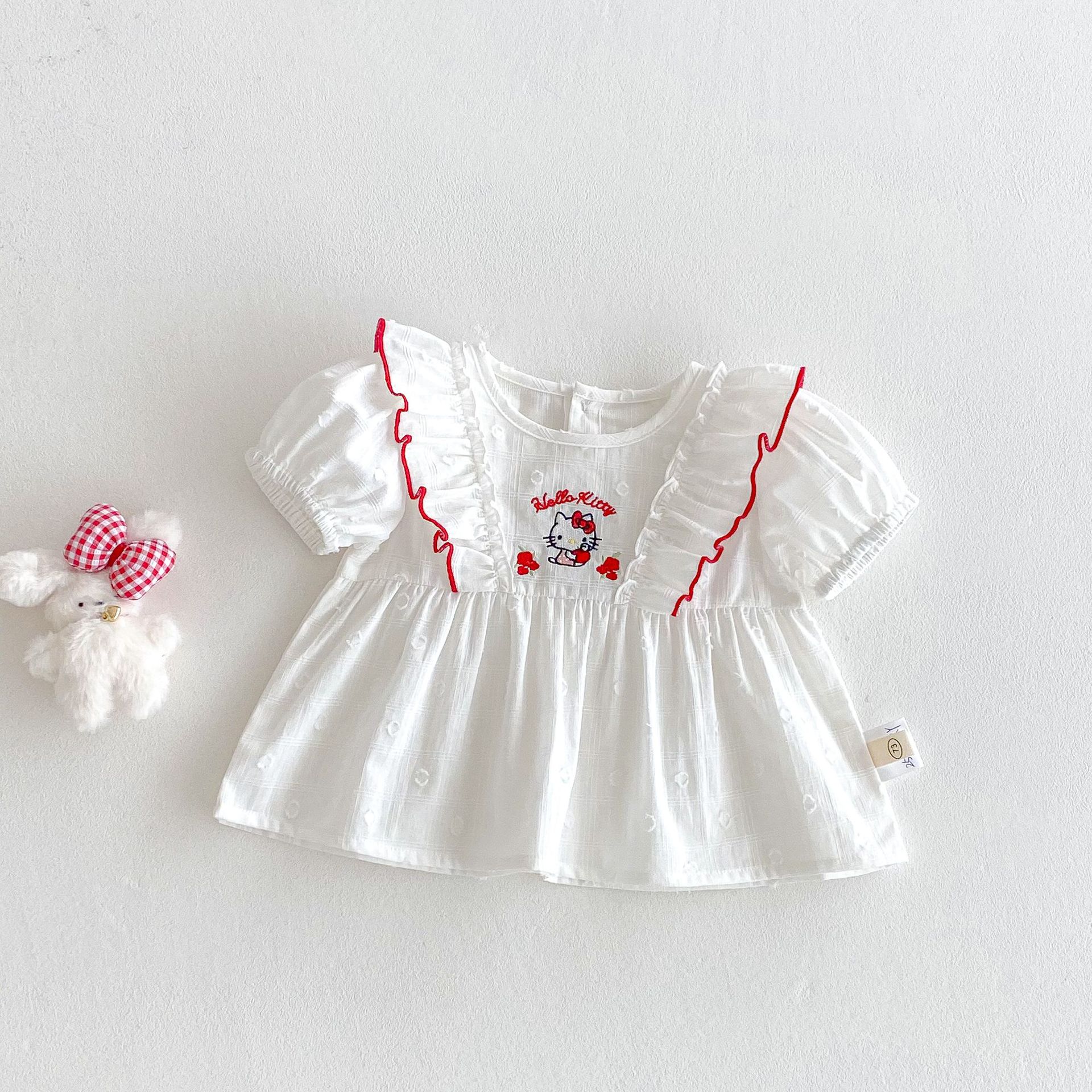 Girls' cartoon doll shirt 2025 new style summer baby girl embroidered cat T-shirt Children's Korean checkered shorts Specification drawing