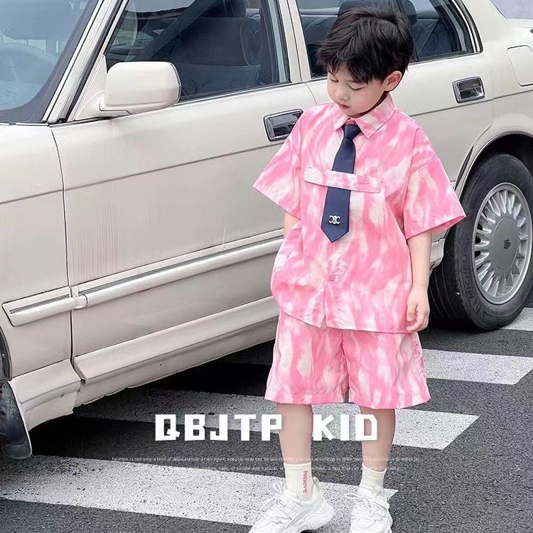 Boys' 2025 Summer New short-sleeved shirt set, children's fashionable tie-dyed shirt and shorts, Boys' two-piece set, trendy Specification drawing