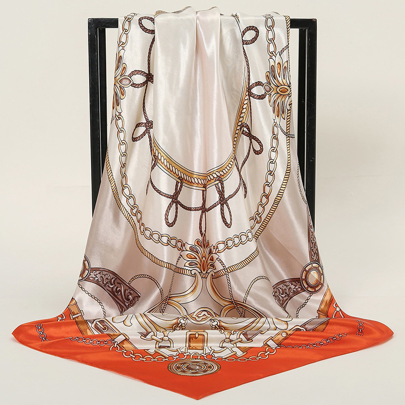 A new European and American chain rope printed headscarf with elegant style, a 90cm large silk scarf imitating silk Application Scenario