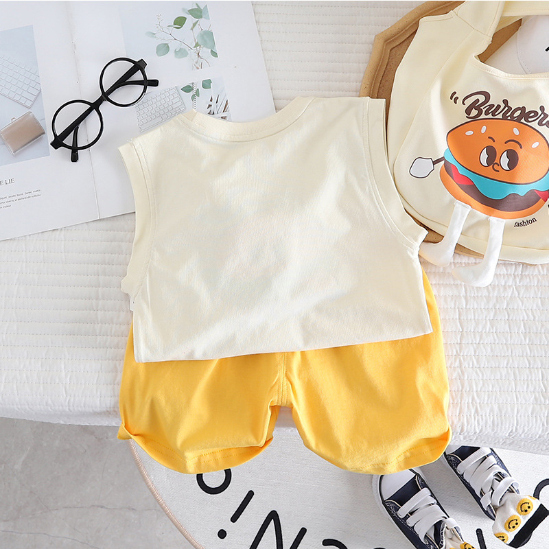 Girls' summer clothing set 2023, children's and boys' vest, shorts, hamburger cartoon Korean version brother and sister set, trendy details Picture