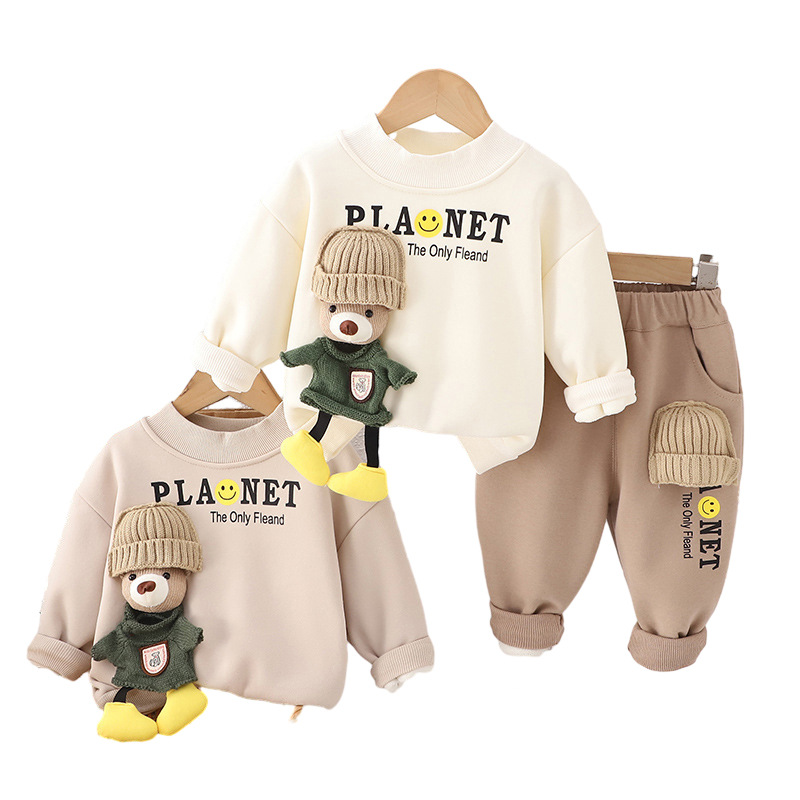 Boys' Autumn and Winter Set 2023 New Style Girls' Stylish Korean-style baby hoodie with fleece pants Item Picture