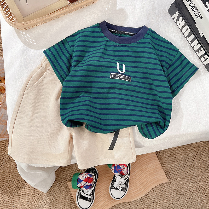 Boys' short-sleeved T-shirt 2024 new children's summer wear, boys' cool half-sleeved summer T-shirt, striped top Specification drawing
