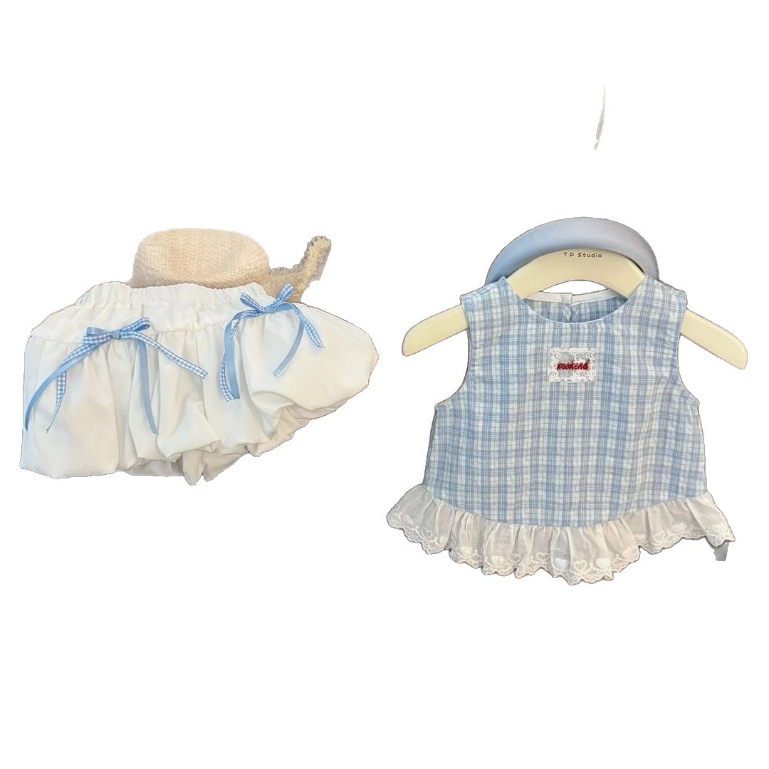 New summer set for girls 2025: Stylish Children's checkered vest, baby two-piece set, shorts, princess style bestseller Item Picture