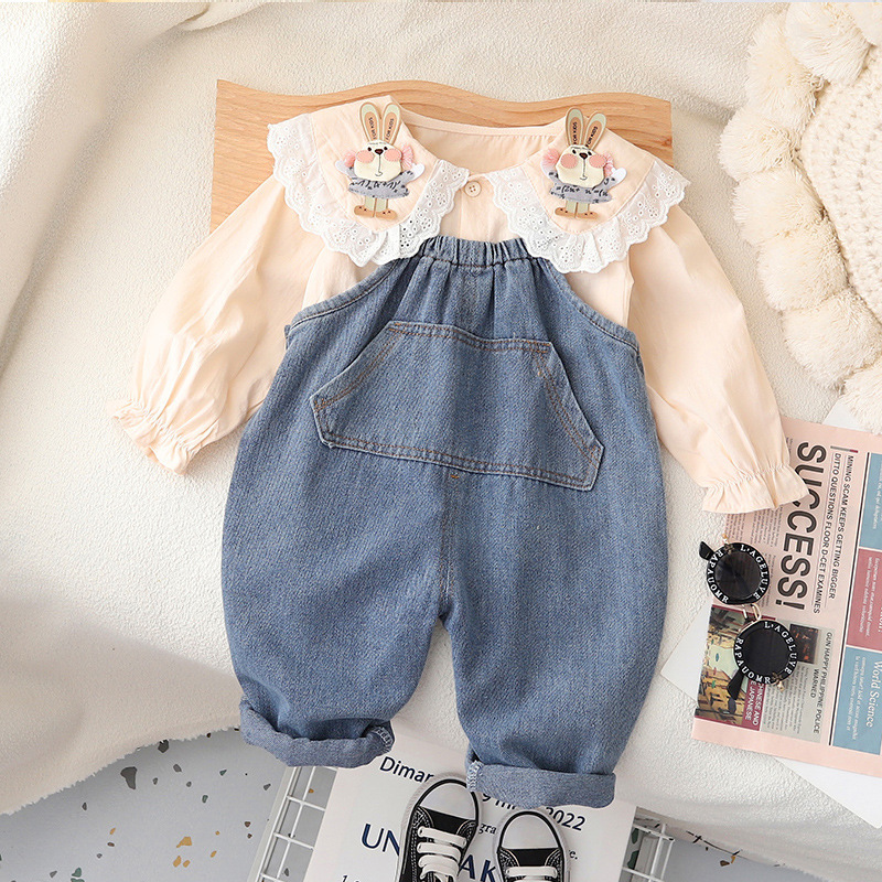 Children's nostalgic denim overalls set, spring and autumn style for boys and girls, Korean soft denim overalls in stock for wholesale Specification drawing