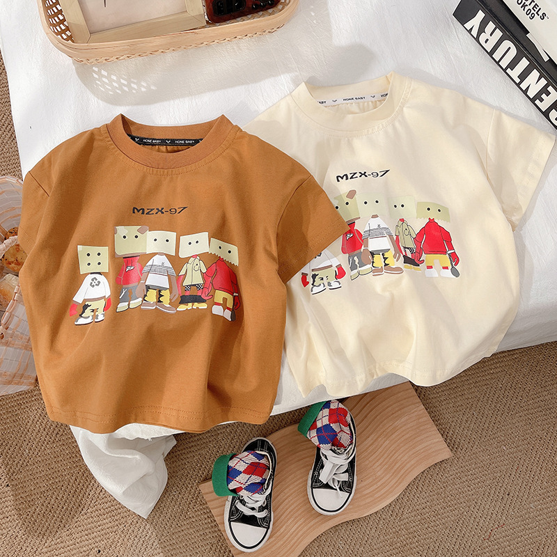 Boys' short-sleeved T-shirt, summer girls' robot caramel-colored half-sleeved thin top, children's set wholesale details Picture
