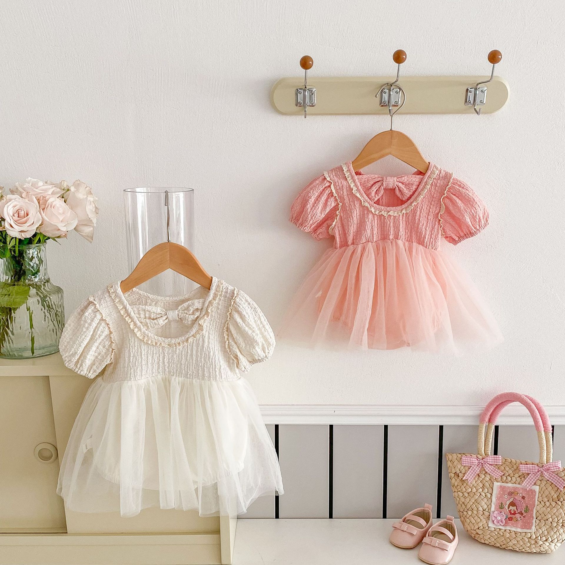 Baby solid-color wrap-around dress for 0-2 years old summer girls, super cute mesh wrap-around dress for baby one-piece dress trend AQ013 details Picture