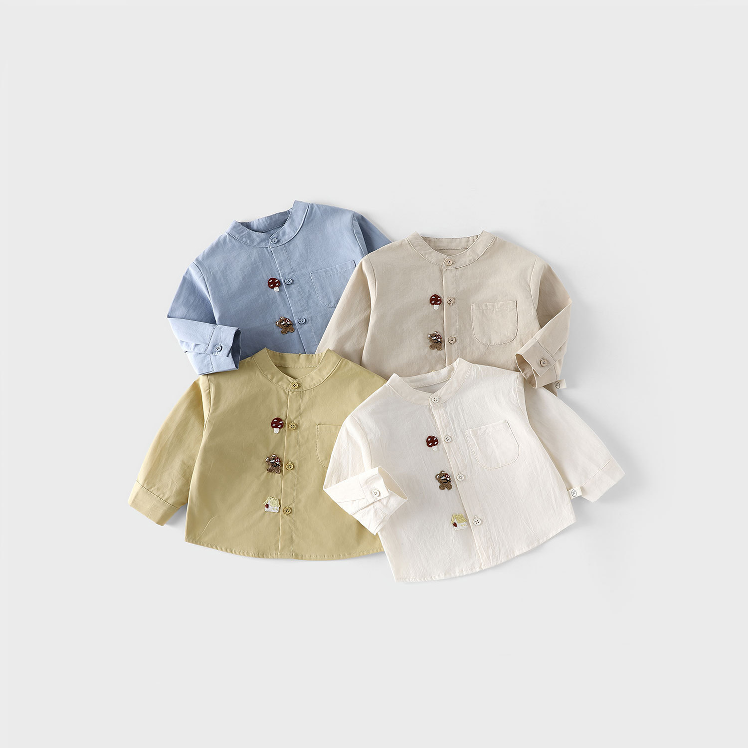 Children's fashion labeled shirt 2025 New autumn Boys' stylish Korean-style solid color shirt, baby stand-up collar autumn wear full figure