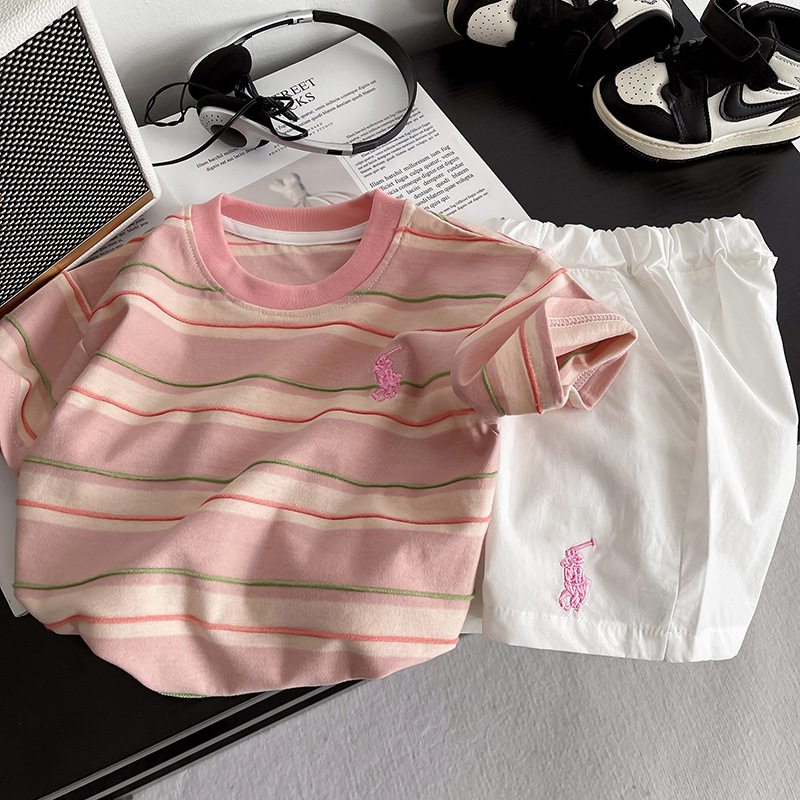 2025 Little Boy Summer New Set Baby Korean-style embroidered jacquard Striped Top, trendy baby Fashion set Specification drawing