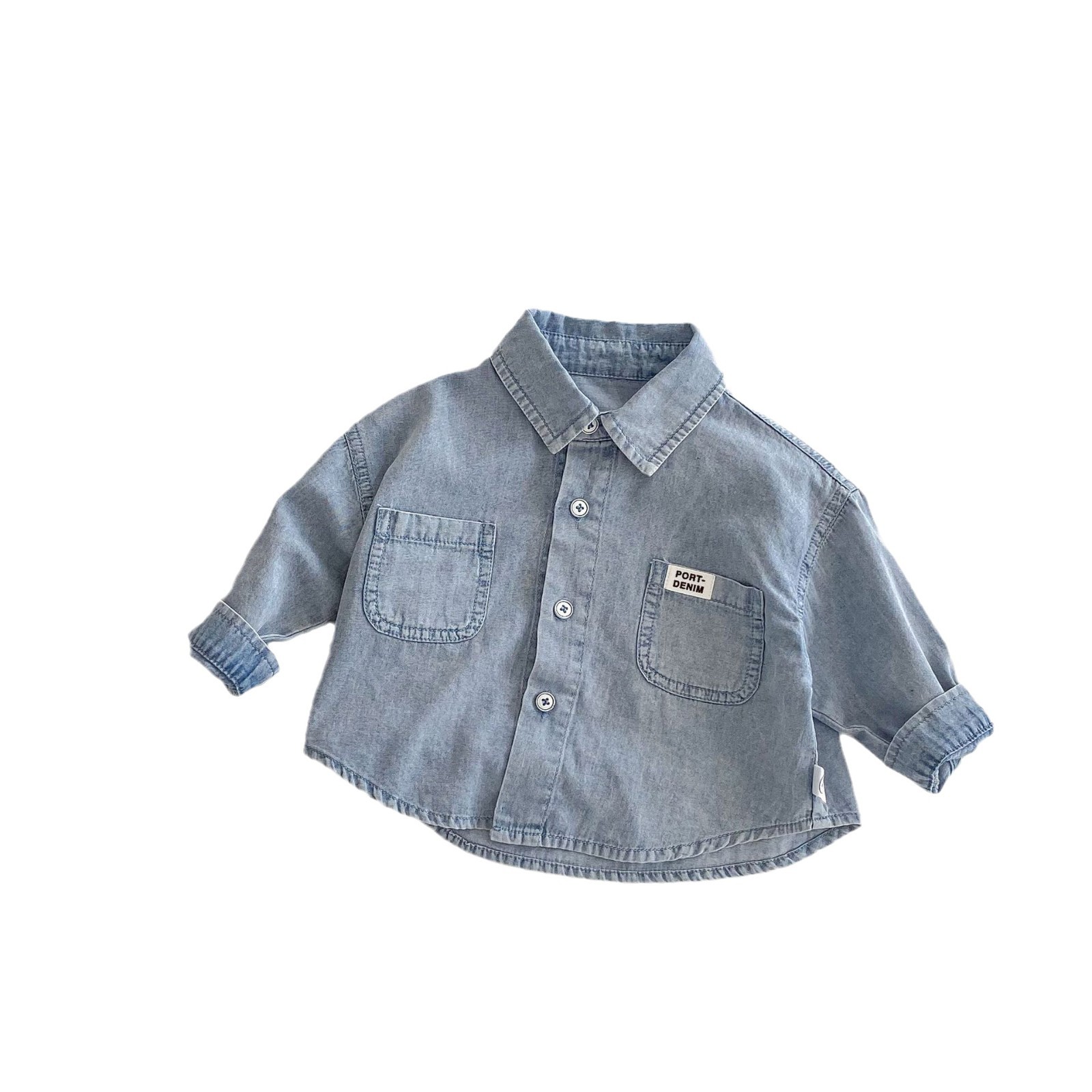 Children's denim shirt 2025 New style, 0-5 years old spring Boys' labeled Korean-style shirt, trendy baby solid color spring wear Item Picture