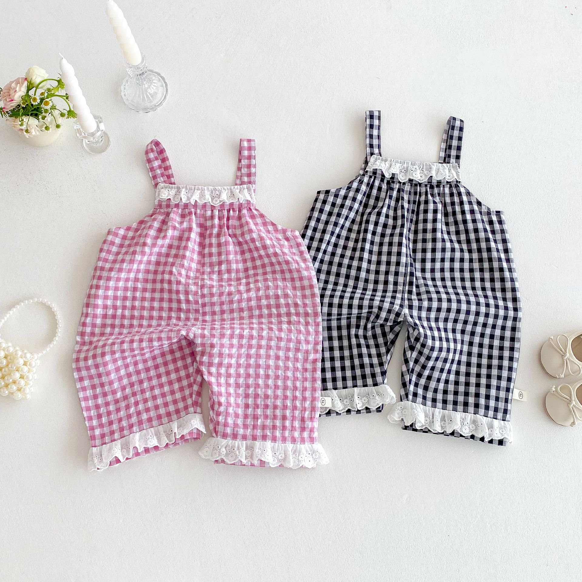 Baby checkered overalls 2025 new style summer baby stylish Korean-style casual pants Children's summer lace pants full figure
