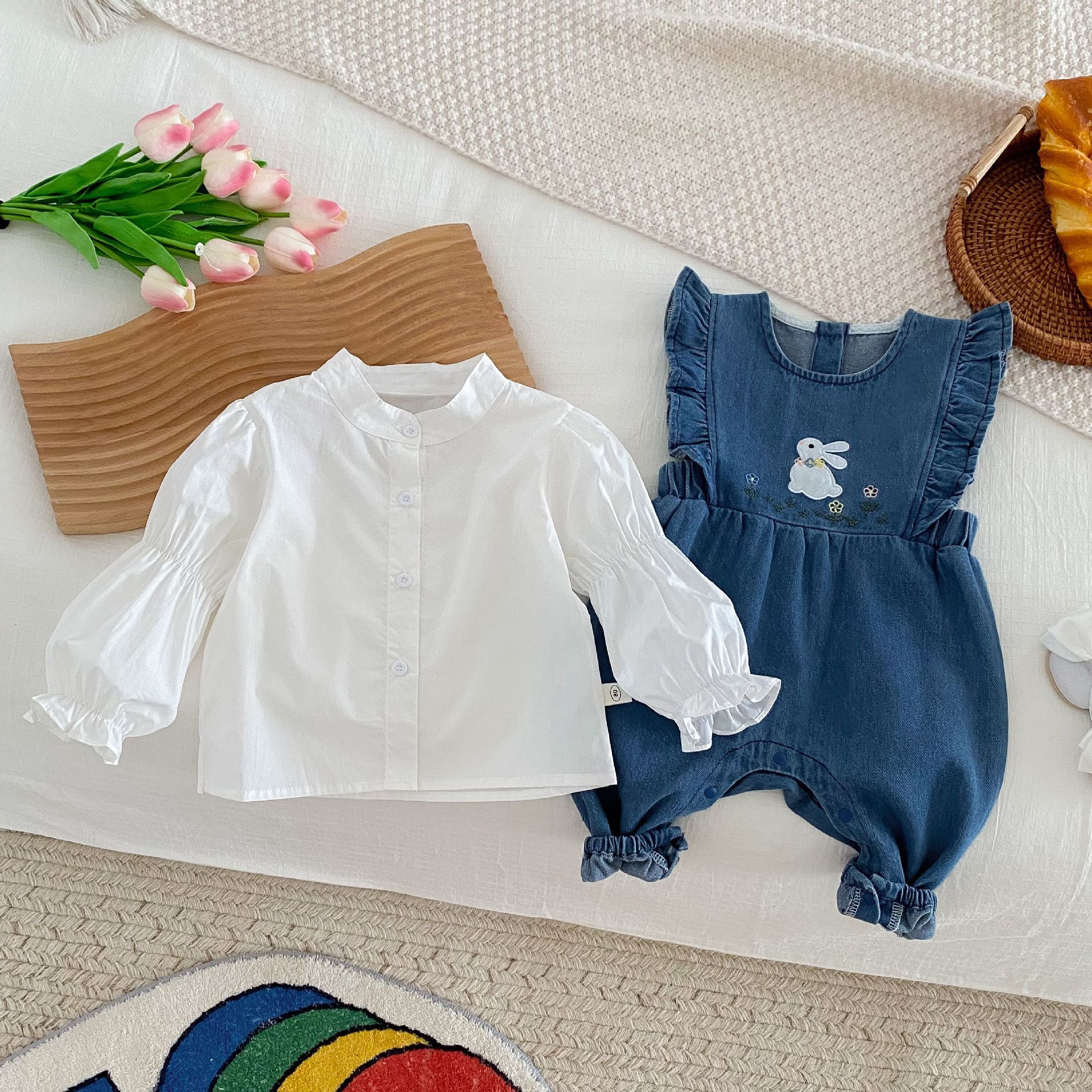 Baby denim undergarment, 0-2 years old spring baby girl flying sleeve rabbit one-piece garment, new baby clothing trend AL491 Specification drawing
