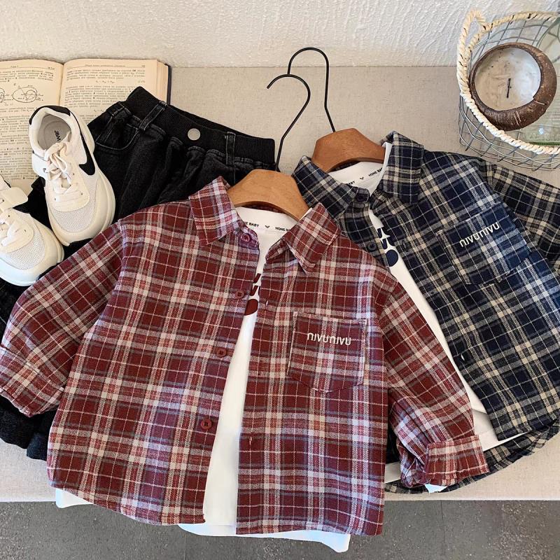 Boys' Spring and Autumn long-sleeved shirts 2025 Spring collection Korean style children's stylish shirts, baby checkered tops trendy Application Scenario