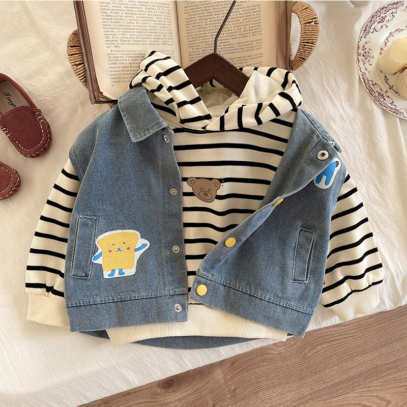 2024 Autumn/Winter new Korean-style hooded bear hoodie, sponge treasure denim vest, Hum-ha jeans, children's set Application Scenario