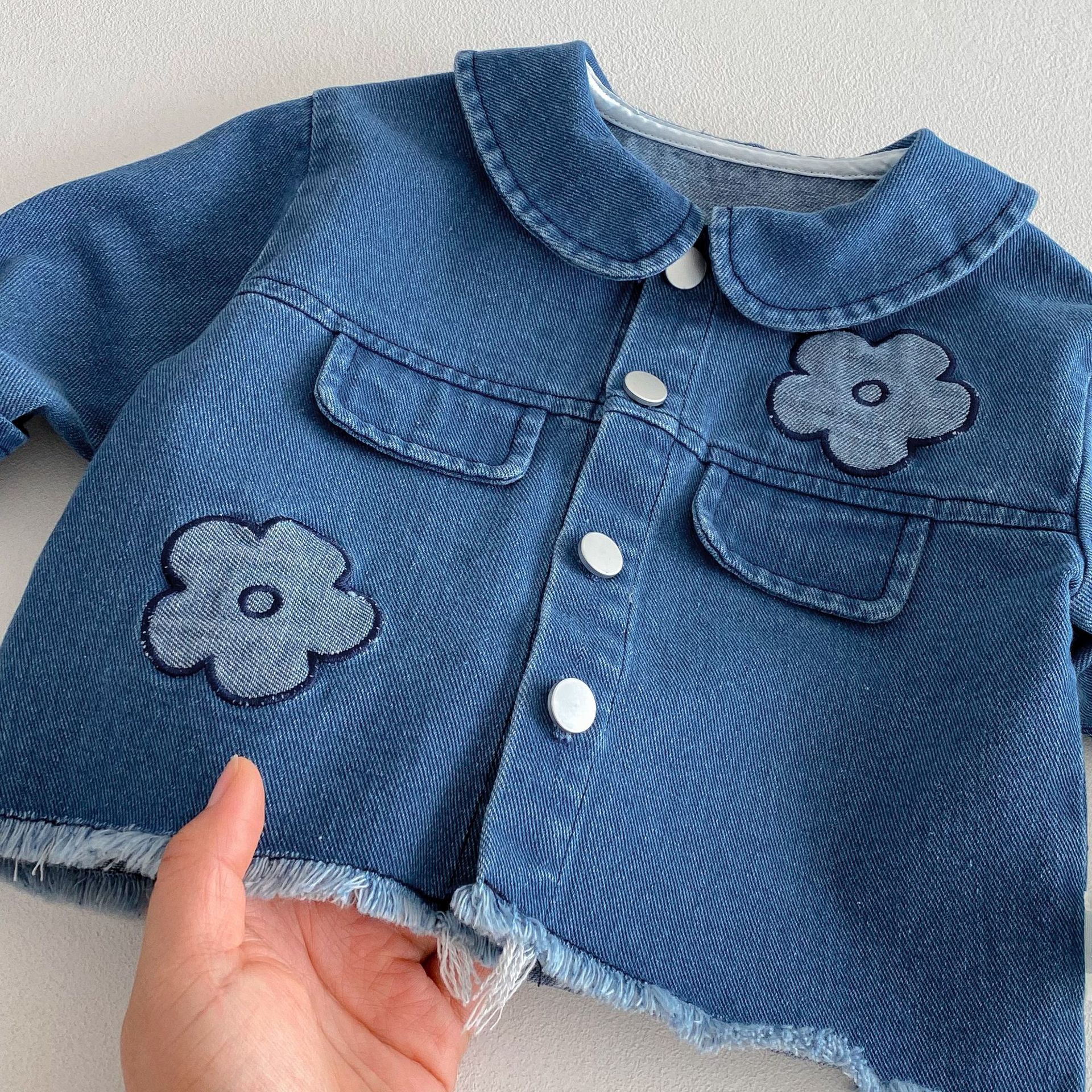 Girls' Denim Set 2025 New Spring Children's Korean-style lapel embroidered coat and Trendy baby skirt two-piece set Specification drawing