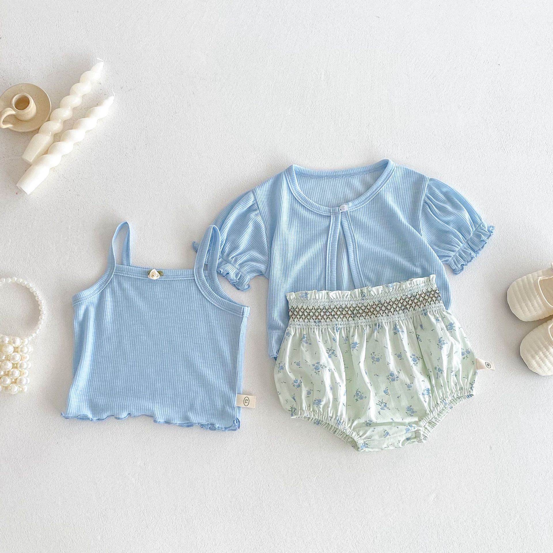 Baby Floral Print Set 2025 New Summer Baby Korean-style knitted sweater, trendy halter top, waistcoat and bottom pants three-piece set Application Scenario