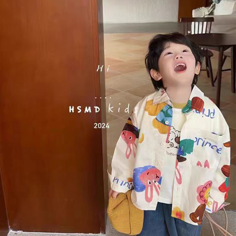 Children's cartoon shirt for boys Spring and Autumn 2024 new spring style, cute and stylish printed top for kids, trendy details Picture