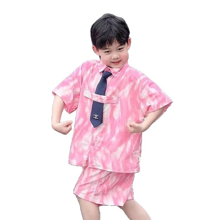 Boys' 2025 Summer New short-sleeved shirt set, children's fashionable tie-dyed shirt and shorts, Boys' two-piece set, trendy Item Picture