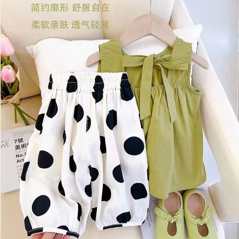 New summer children's clothing for girls 2024, a set of vests, sleeveless clothes, two-piece polka dot lantern pants full figure