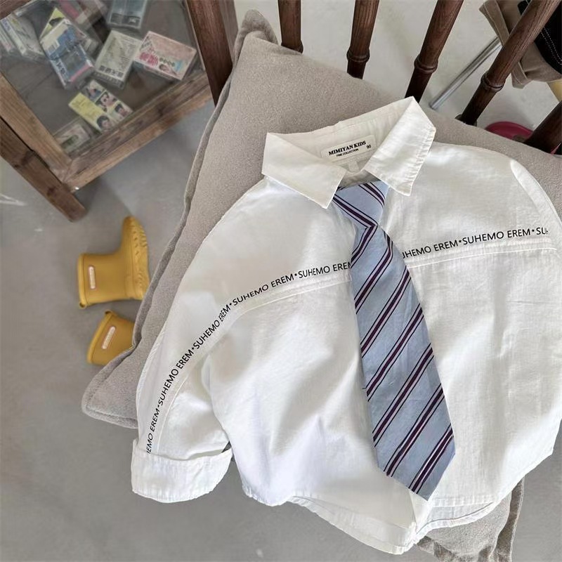 (New) Tie letter shirt for boys and girls, long-sleeved tie letter shirt for babies, school style, simple children's white shirt full figure