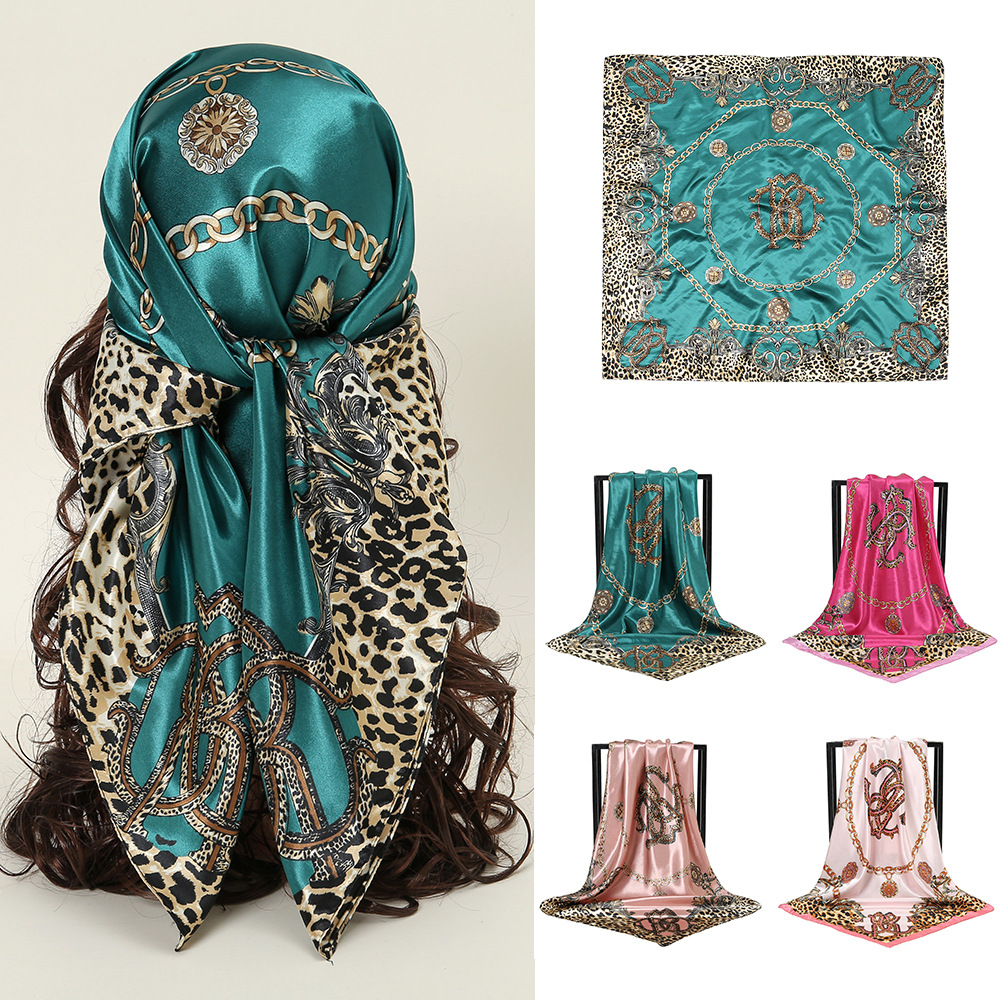 90-square-meter foreign trade new leopard print chain decorated satin silk scarf headscarf, versatile and multi-purpose silk-like scarf full figure