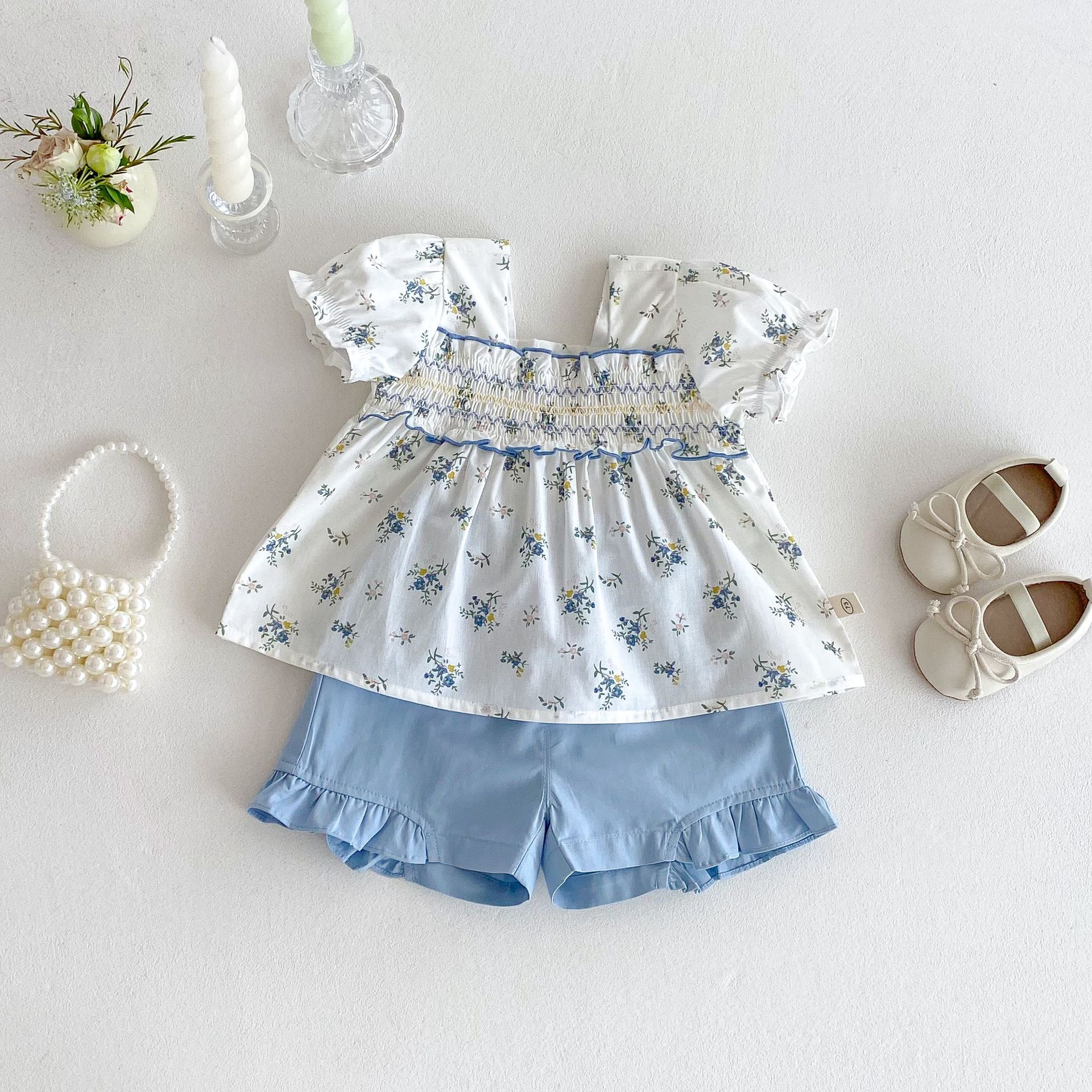 Girls' floral print baby shirt 2025 new style summer baby cool Korean-style T-shirt Trendy children's fashion solid color shorts full figure