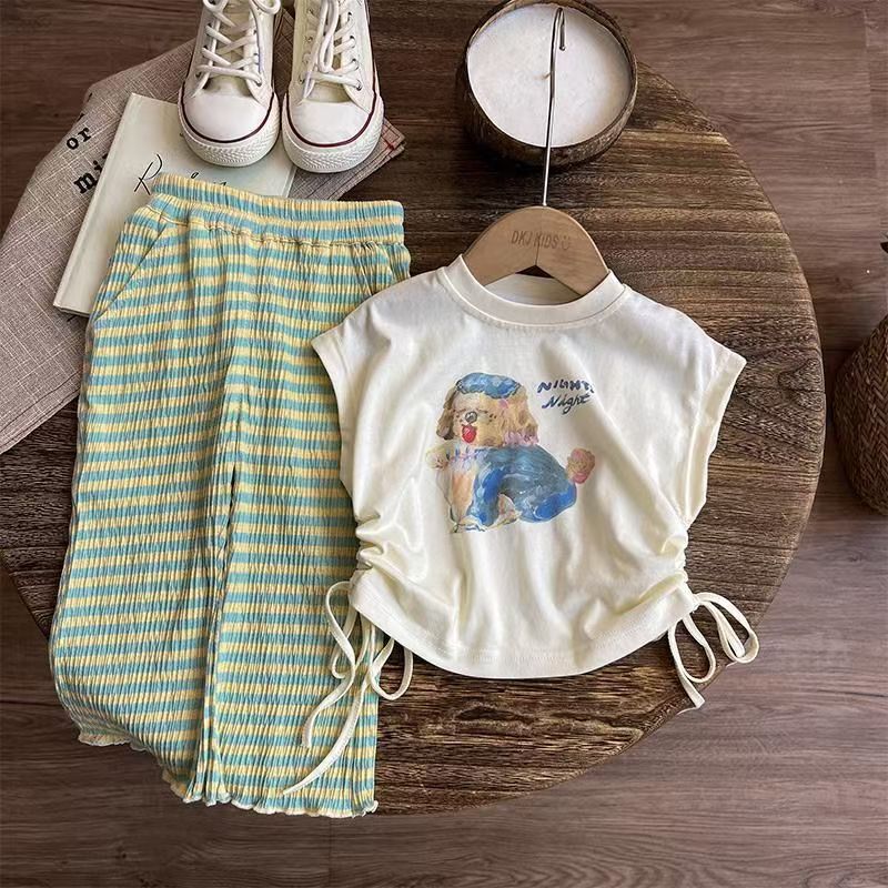 Girls' summer top striped casual pants set for children's clothing 2024 new cartoon print T-shirt Trendy two-piece set Application Scenario