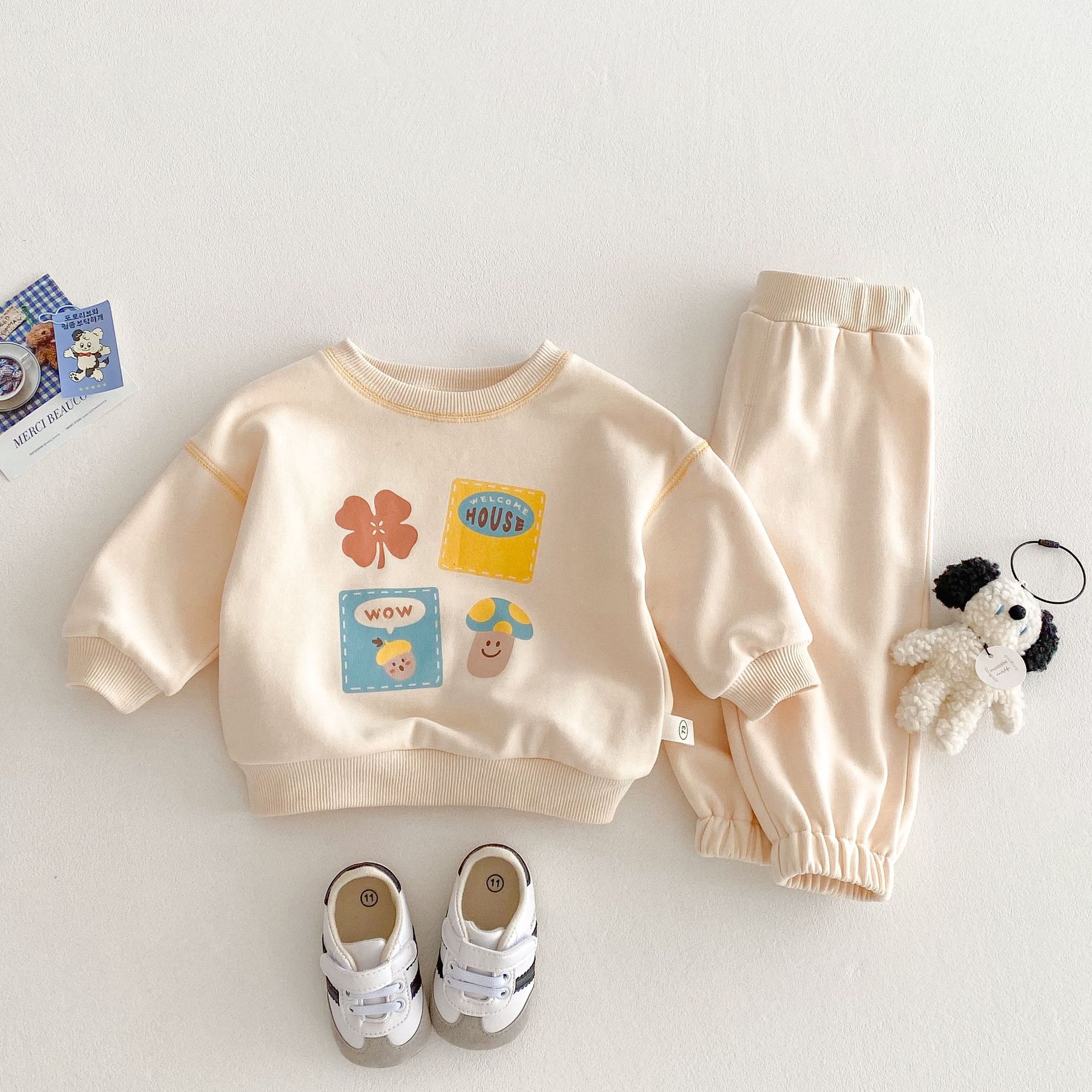 Children's Cartoon Set 2025 New Spring Boys' letter hoodie, Trendy Baby solid color sweatpants, Girls' Two-piece set full figure