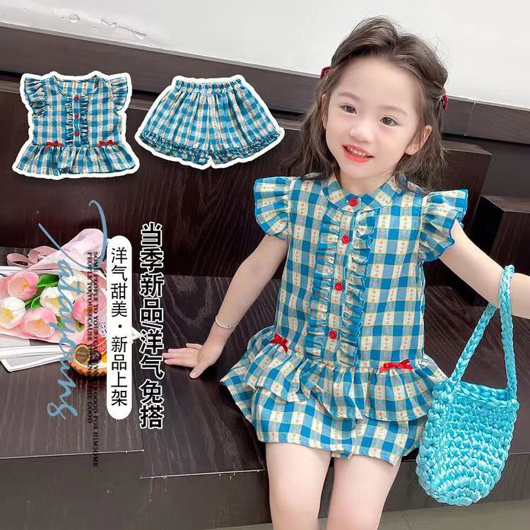 Korean children's clothing 2024 new summer Girls' plaid set with ruffled sleeves, a stylish jacquard plaid top for baby girls details Picture