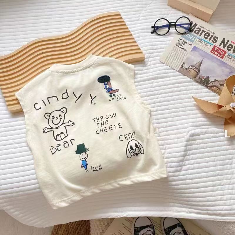 New 2024 summer Korean style graffiti pants and vest set for boys and girls, stylish and casual two-piece set Specification drawing