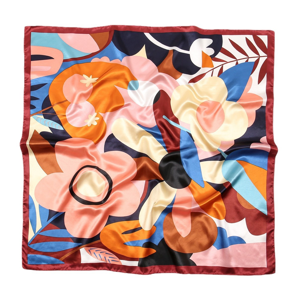 Retro cartoon flower imitation silk small scarf, women's spring and autumn decorative neckerchief, square scarf, thin scarf, printed gauze scarf Item Picture