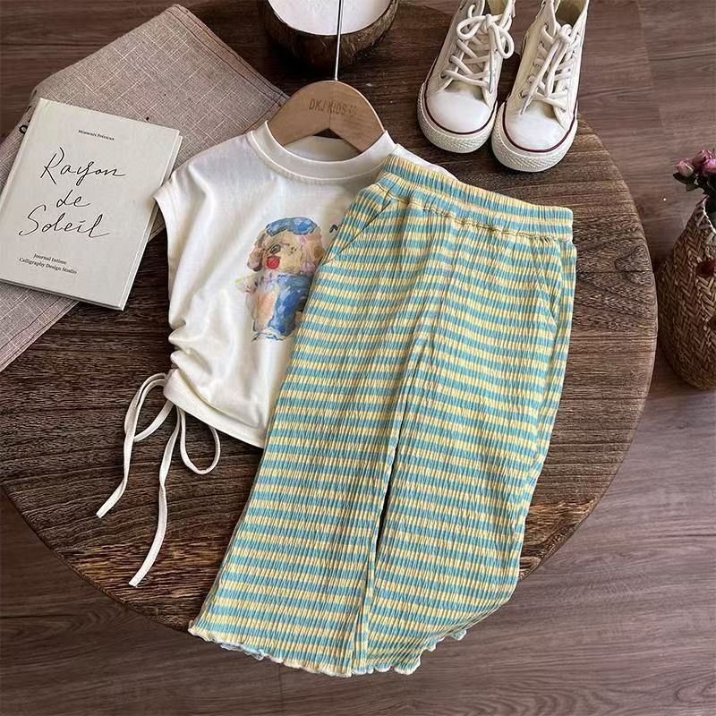 Girls' summer top striped casual pants set for children's clothing 2024 new cartoon print T-shirt Trendy two-piece set Specification drawing