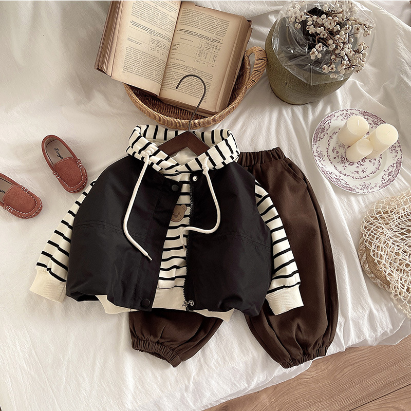 Striped sporty casual style hooded boys' top, men's autumn thin vest unisex spring and autumn three-piece set Specification drawing
