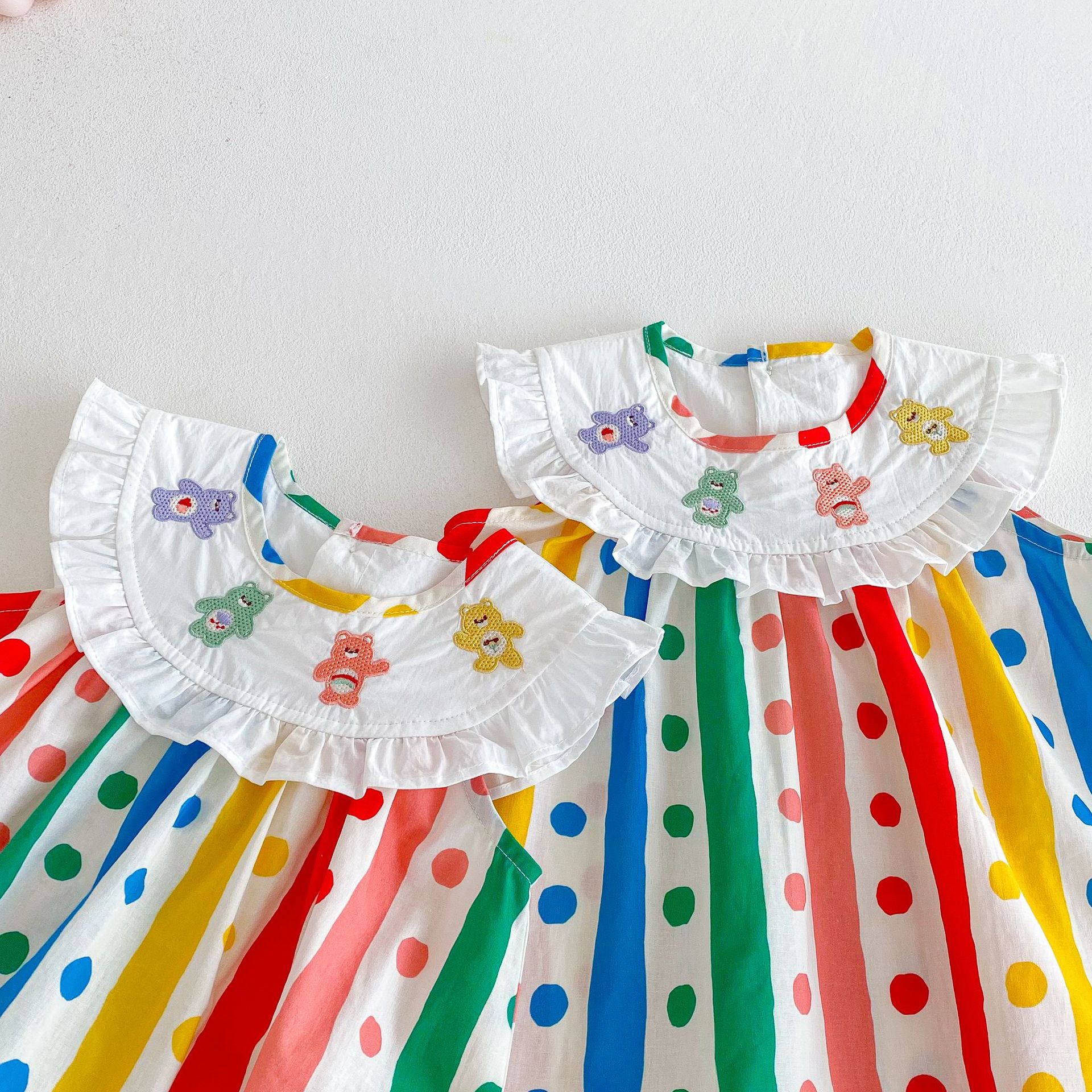Girls' polka dot vest dress 2025 New summer baby embroidered bear dress Trendy baby striped wrap dress Specification drawing