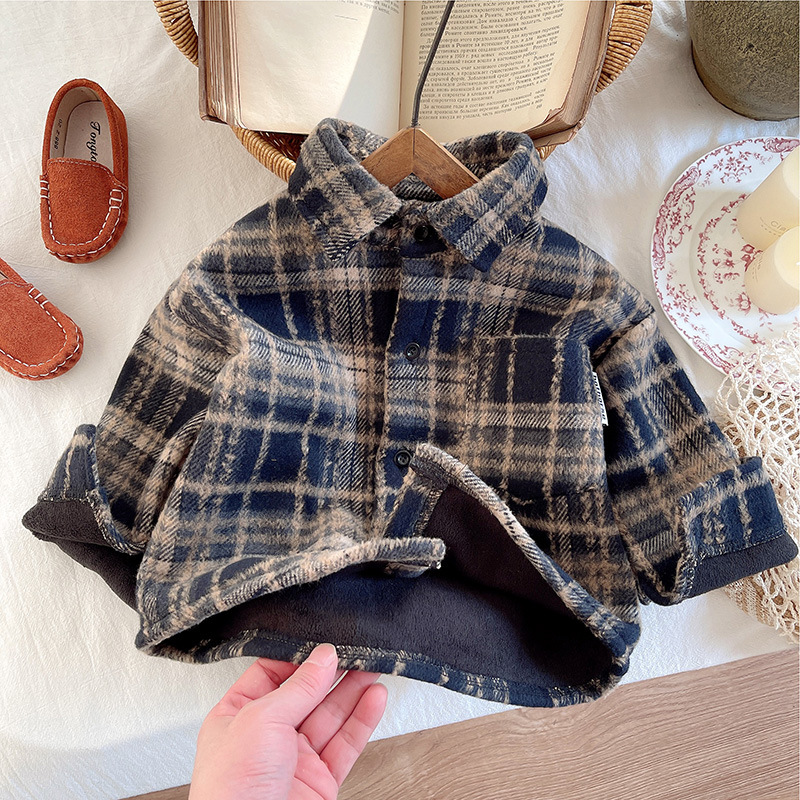 New autumn and winter children's American retro brushed plaid shirts with fleece pockets and fleece jackets for boys and girls Specification drawing