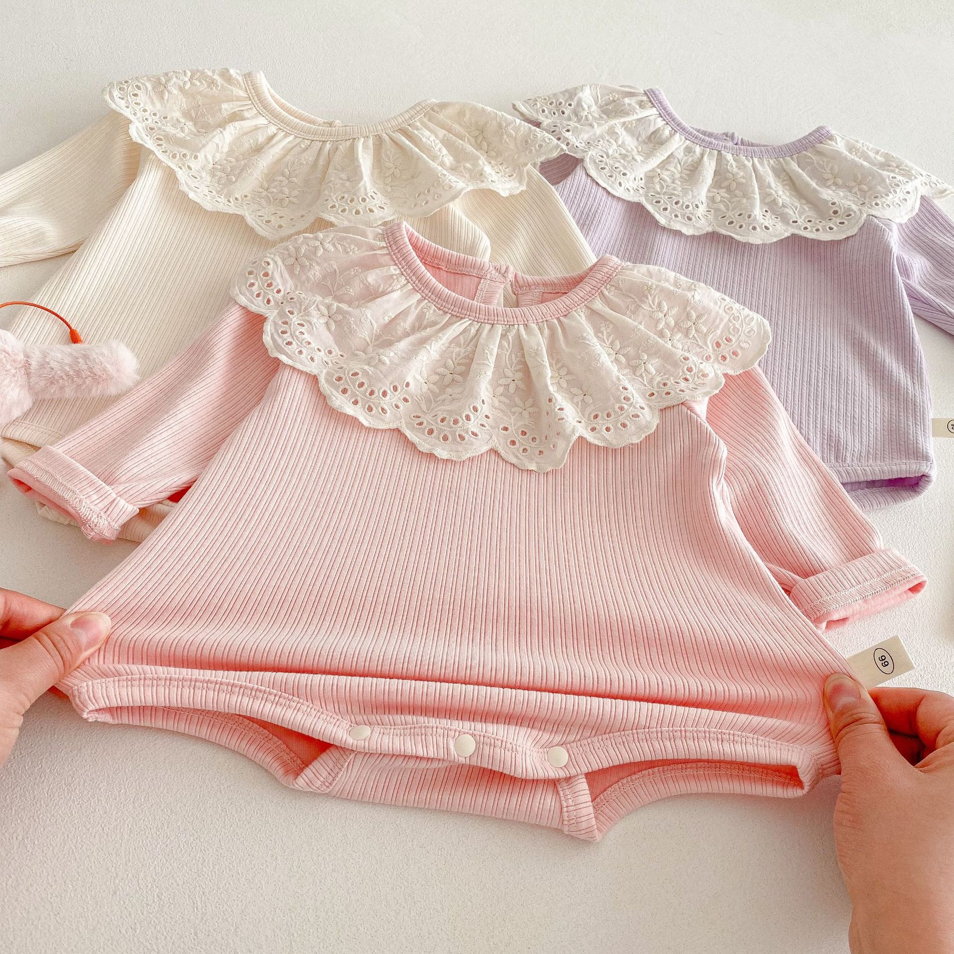 Baby Super cute flatbed dress 2025 New Spring Baby lace collar one-piece dress, solid color ribbed baby coat Specification drawing