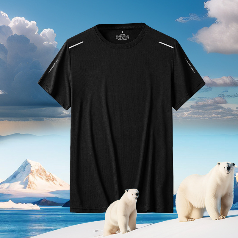 Cross-border summer breathable quick-drying solid color sporty casual printed round-neck plus-size men's T-shirt ice silk short T-shirt for men full figure