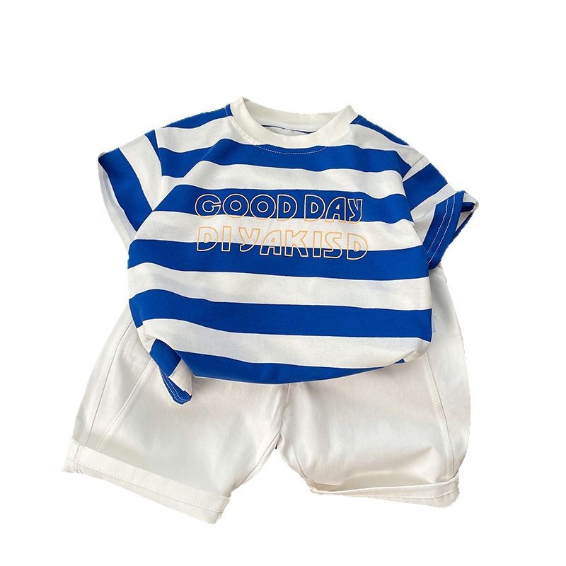 2025 New Boys' summer dress with English striped short-sleeved sleeves, stylish boys' baby clothes, trendy children's two-piece set Item Picture