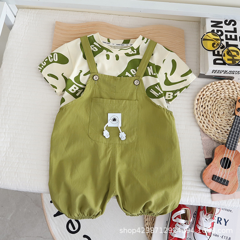 Boys' overalls summer 2023 new style Baby overalls children's Korean-style stylish printed T-shirt two-piece set, trendy full figure