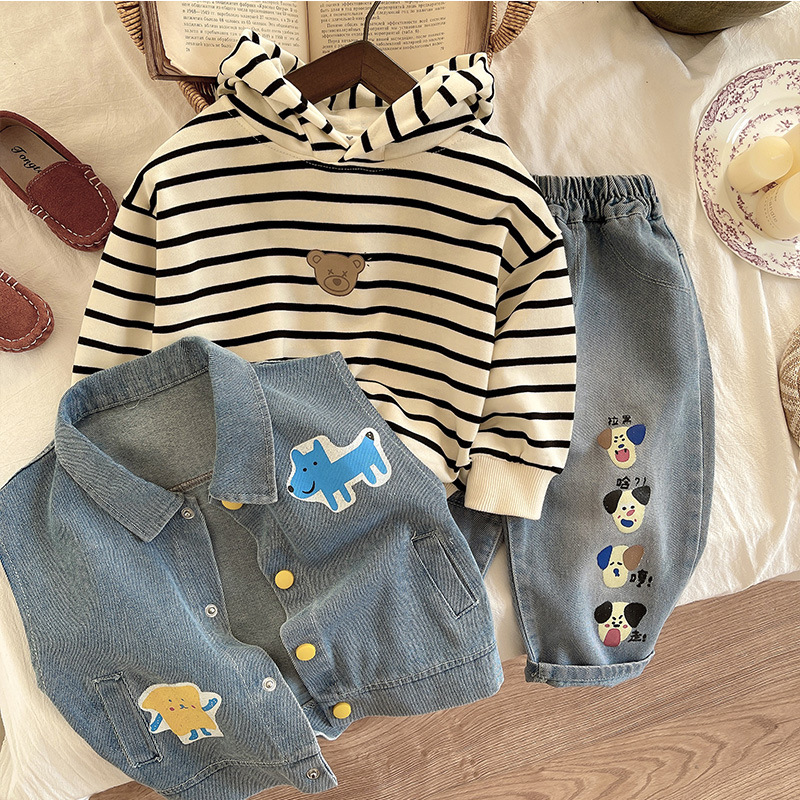 2024 Autumn/Winter new Korean-style hooded bear hoodie, sponge treasure denim vest, Hum-ha jeans, children's set full figure