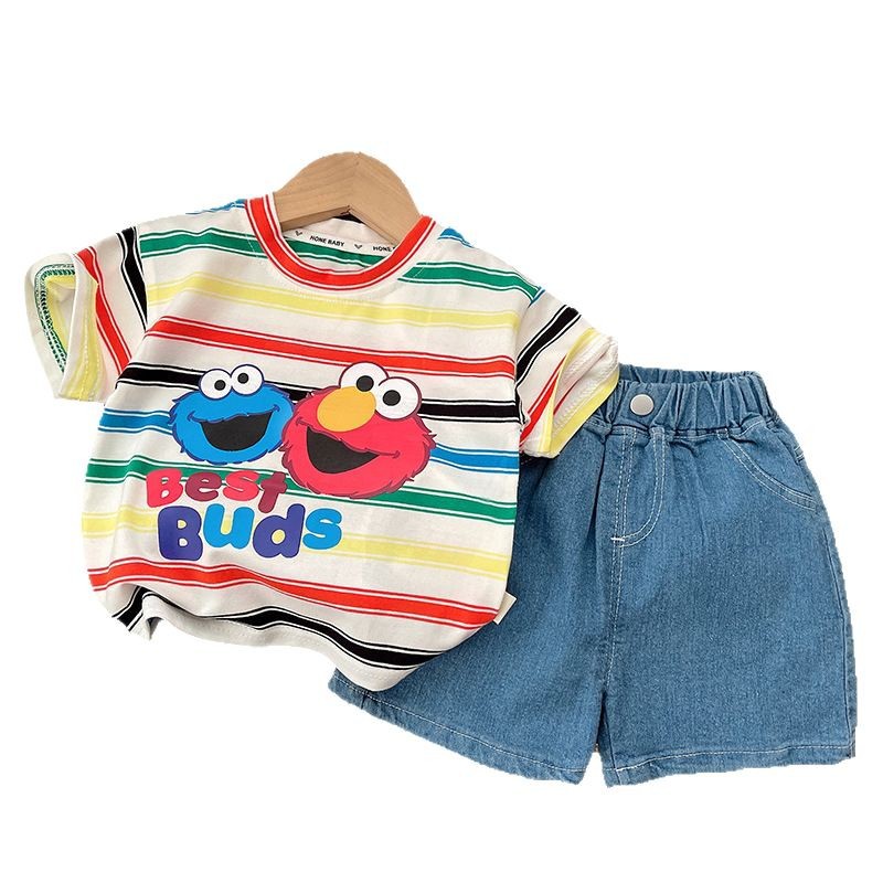 Children's cartoon short-sleeved T-shirt 2025 Summer Edition for Babies and Kids, rainbow striped loose half-sleeved boys' summer set Item Picture