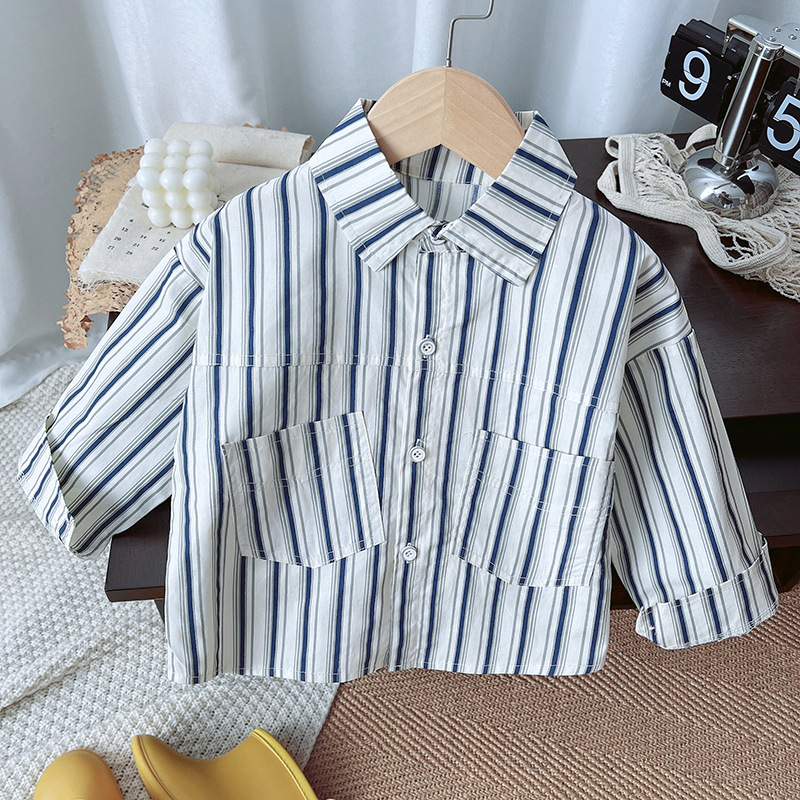 Fashion shirt: Korean Boys' Trendy 2024 Autumn New Style with vertical stripes and smiling faces Specification drawing