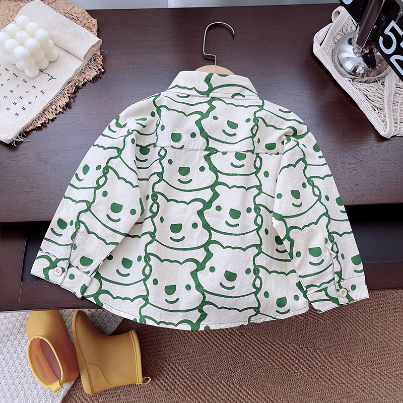 Dongdong 24 Autumn Boys' Shirt Coat Long-sleeved autumn Collection, Spring and Autumn Green bear lapel style shirt for children details Picture